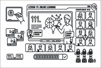 Naklejka premium Virtual classroom with teacher presenting lesson on computer screen,