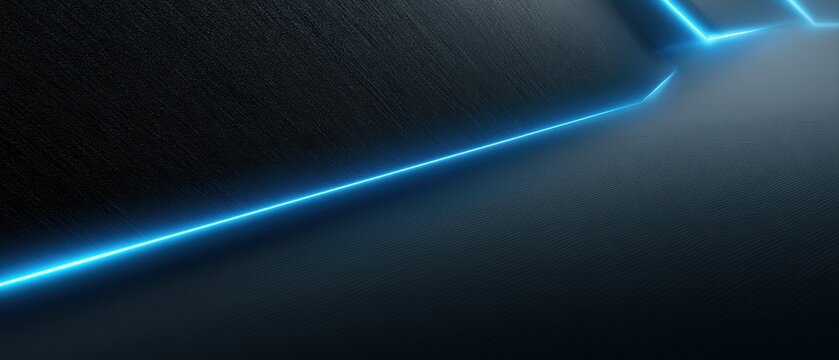 Luxury tech background with black metallic texture and neon blue geometric light patterns, futuristic corporate innovation aesthetic, high detail digital design