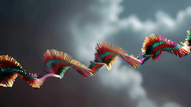Abstract digital stream of colorful data beads creating a wave pattern against cloudy background