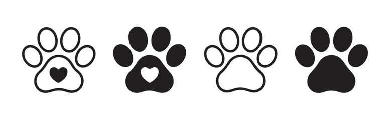 Set of black paw prints for animal lovers featuring heart shapes isolated on a grey transparent grid. © MOST AKTER