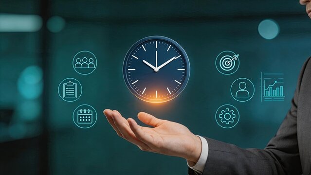 Hand holding a glowing virtual clock surrounded by business icons, representing time management, productivity, scheduling, efficiency, corporate workflow optimization, and