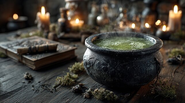 Witch&acirc;&euro;&trade;s cauldron bubbling with green potion, surrounded by spellbooks, candles, and magical elements, spooky and mystical 