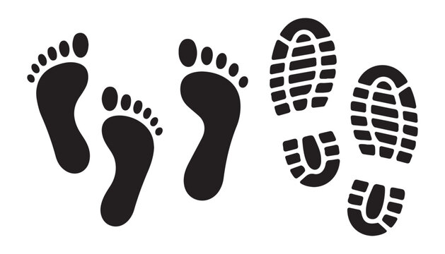 Various human footprints and sneaker sole textures set isolated on transparent background for graphics.