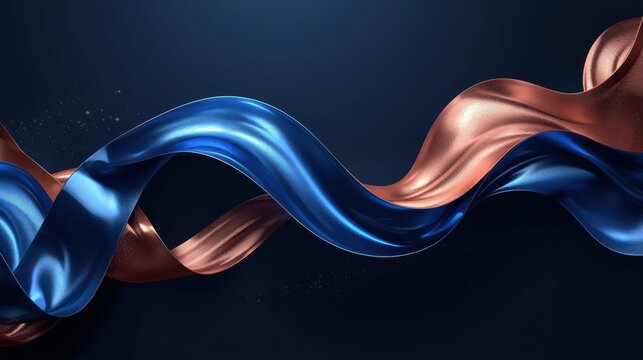 Abstract flowing blue and bronze silk fabric waves on a dark background