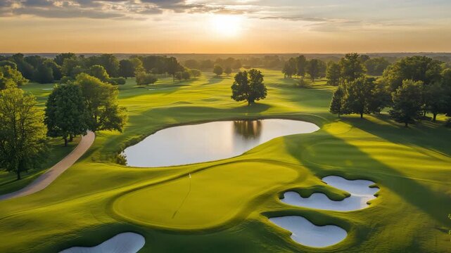 Play takes place on a golf course with greens, water hazard, and sand traps as the sun sets in the evening sky