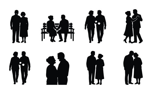 Elderly Couple Silhouettes, Senior Pair Poses, Romantic Companionship Vector Icons, Love and Togetherness