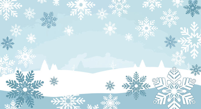 A serene winter scene with snowflakes and a snowy landscape