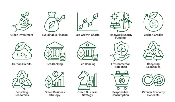 Minimal Eco Finance Outline Icons Featuring Green Economy Sustainability and ESG Concepts