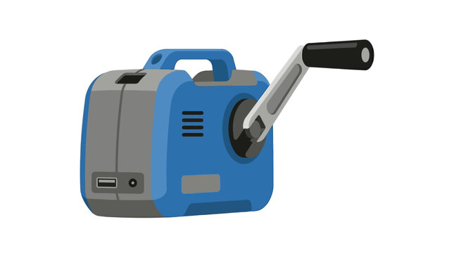 A blue and gray portable generator with a handle and crank is shown outdoors.