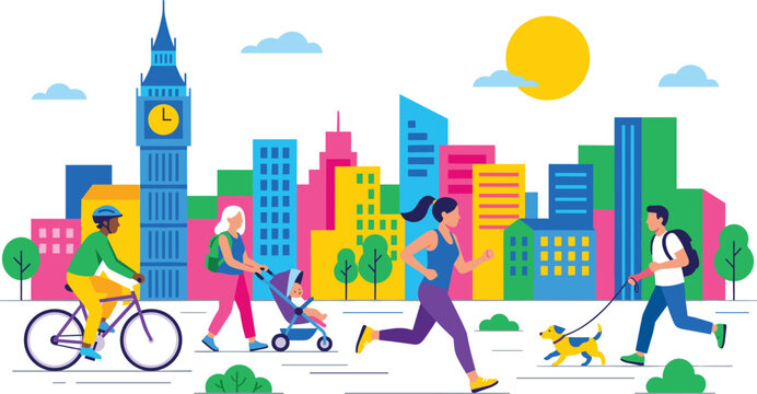London city park vector illustration with people riding bicycle running jogging walking dog and pushing stroller near big ben tower for website header
