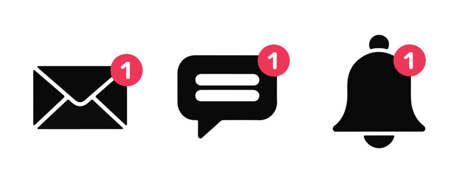 Envelope chat speech bubble and bell notification icons with red count badges for web application ui.