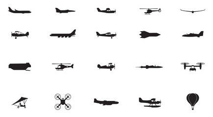 Aircraft and flying vehicle set black silhouette plane drone helicopter air transport collection. © Tamanna