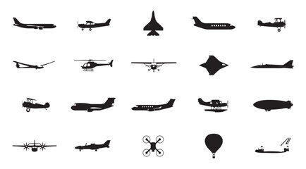 Aircraft and flying vehicle set black silhouette plane drone helicopter air transport collection. © Tamanna