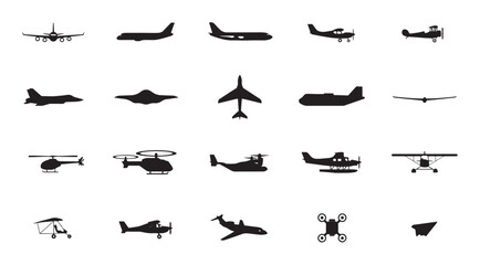 Aircraft and flying vehicle set black silhouette plane drone helicopter air transport collection. © Tamanna