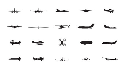 Aviation icon pack with black silhouettes of different airplanes helicopters and aircraft. © Tamanna