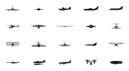 Fototapeta premium Detailed set of aircraft silhouette icons showing various types of planes and helicopters.
