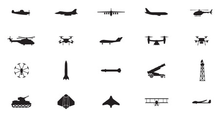 Military aviation set plane vector illustration fighter jet helicopter drone missile tank. © Tamanna