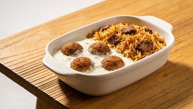 Traditional Kebbeh Bil Laban with fragrant biryani rice, elegant side-view food presentation