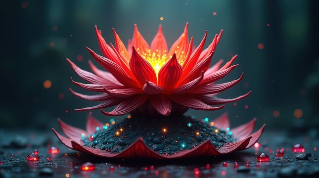 Glowing red lotus flower floating on dark water with colorful lights in the night