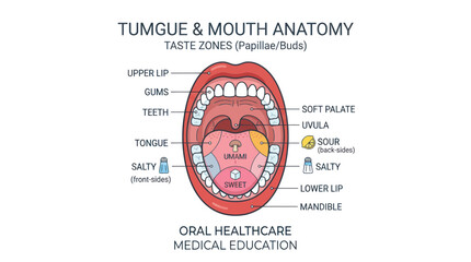 Fototapeta premium Human mouth and tongue anatomy with taste bud zones diagram