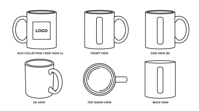 Coffee mug technical drawing mockup from different perspectives