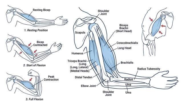 Human arm anatomy showing bicep contraction and flexion stages