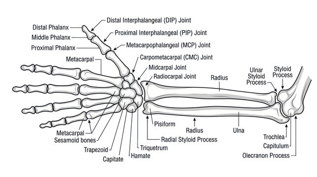 Skeletal anatomy of the human hand and forearm with labels
