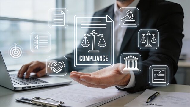 Businessman hand presenting compliance legal document with scales of justice hologram icons, corporate governance and regulatory adherence concept