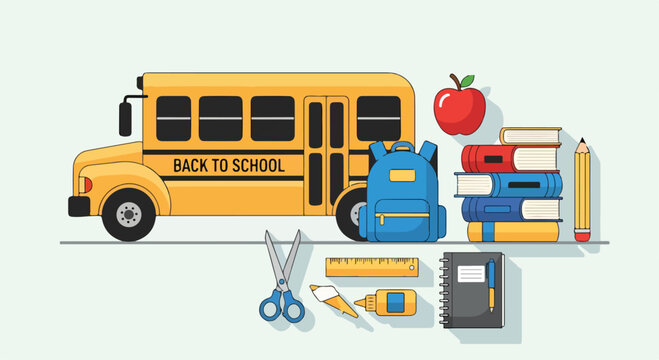 A yellow school bus with school supplies