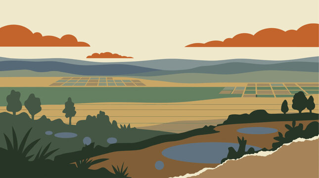 Stylized landscape illustration featuring rolling hills, distant fields, and scattered trees under an expansive sky with orange clouds