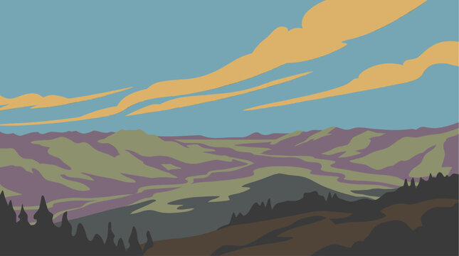 Beautiful stylized mountain landscape with rolling hills and a vibrant blue sky featuring orange clouds