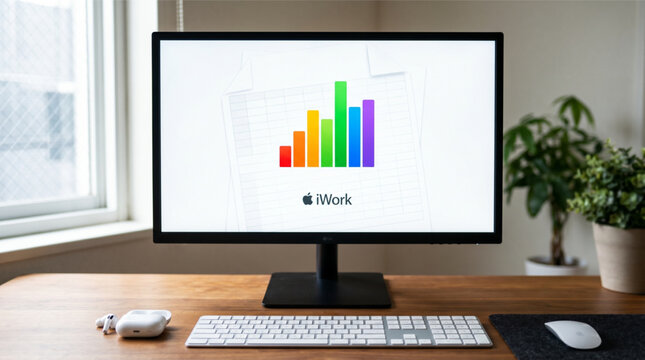 Apple iWork Numbers productivity software interface displaying a colorful bar chart and grid on a computer monitor screen. Set on a wooden office desk with a wireless keyboard, mouse, and AirPods gear