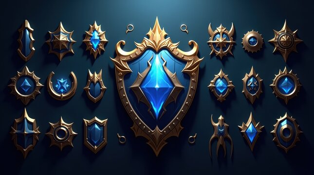 Set of fantasy game shield icons with blue magic crystals and gold metal frames