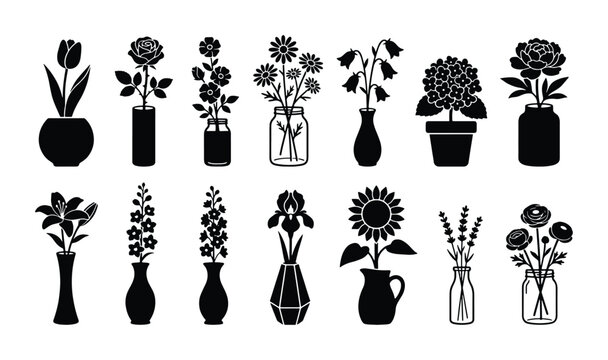 Elegant Floral Silhouettes, Vector Flower Arrangements, Botanical Icons Set, Decorative Plant Graphics