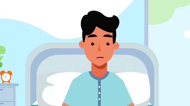 Young Man Waking Up or Deeply Breathing in Bed at Morning, Healthy Sleep and Wellness Routine, 2D Vector Animation