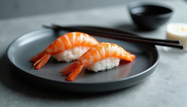 Two shrimp sushi nigiri served on dark plate with chopsticks. Fresh seafood rice dish arranged neatly. Delicious Japanese cuisine with healthy ingredients.