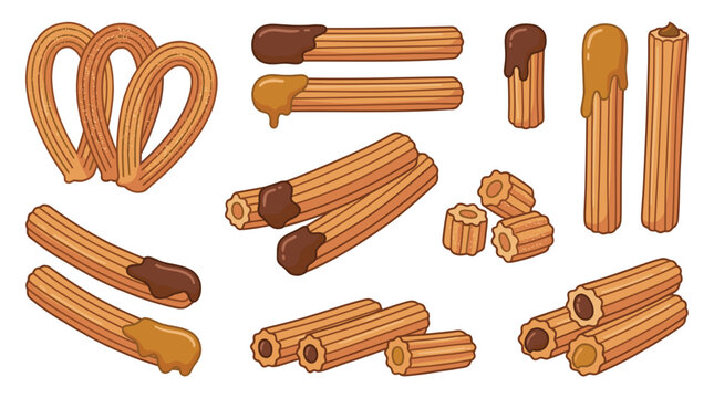 Tasty stuffed and dipped churro vector set featuring traditional sweet pastry loops, sticks, and bite sized pieces with dripping chocolate and caramel sauce on white background.