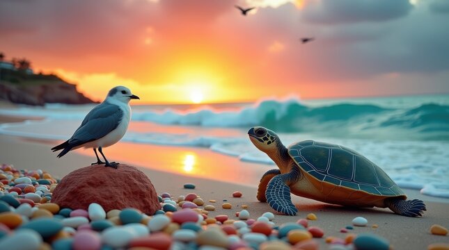 A sea turtle and a seagull meeting on a tropical beach during a beautiful golden sunset at the ocean
