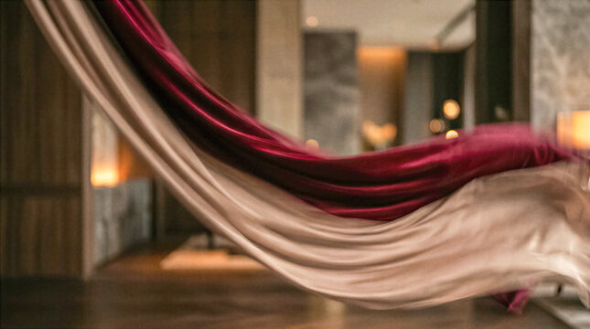 Elegant dark red warm beige silk fabric draping across modern blurred interior room displaying smooth soft luxurious textile background creating gentle peaceful atmosphere