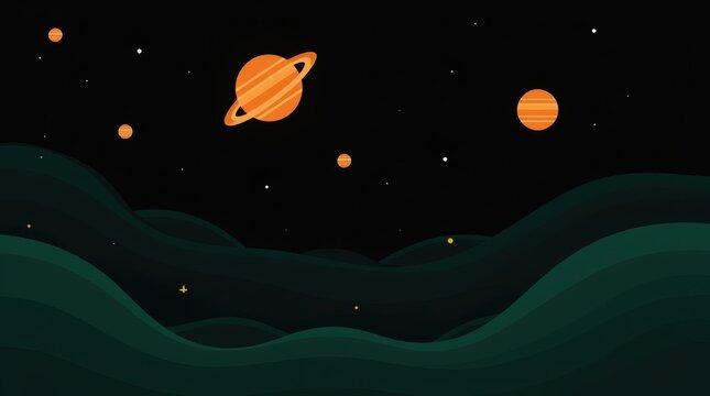 Orange planets with rings floating in a dark deep space galaxy night sky background