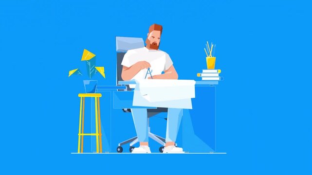 Creative Designer or Architect Working at Blueprint Drafting Table, Project Development Concept on Blue Background, 2D Animation
