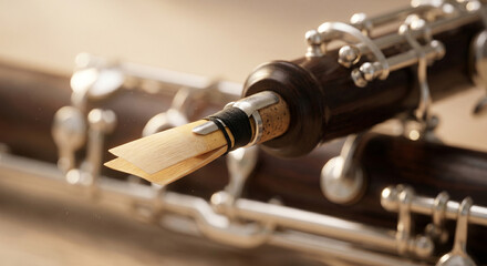 Obraz premium A hyper-realistic macro shot focusing on the delicate, handcrafted double reed inserted into the top of an oboe, with the polished blackwood body