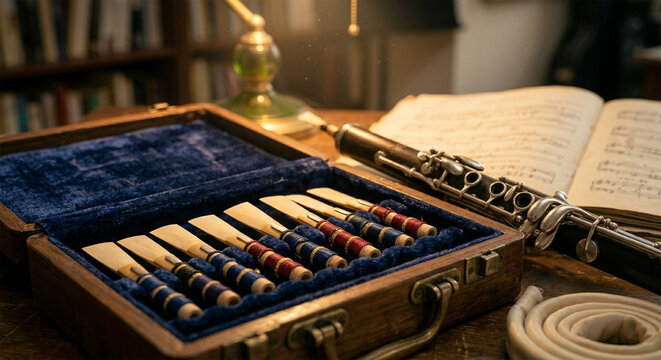 A close-up, artistic shot of a set of professional oboe reeds in a velvet-lined wooden case, with the oboe resting alongside them, bathed in the cozy, golden glow of a desk lamp in a quiet study.