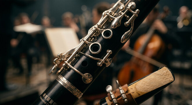 A hyper-realistic macro shot focusing on the polished black granadilla wood of a professional clarinet, highlighting the intricate silver-plated keywork, 