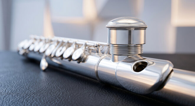 An extreme close-up view of a professional piccolo headjoint, emphasizing the high-quality finish of the metal, the precision of the crown assembly,