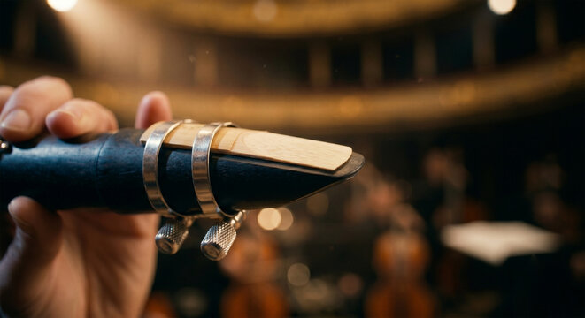 An extreme close-up view of the clarinet&rsquo;s mouthpiece and ligature, focusing on the precision of the reed placement and the texture of the ebonite, 