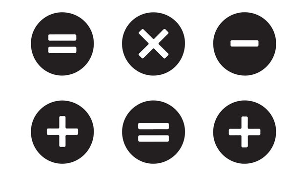 Calculator math operation symbols in circles including plus minus multiply divide and equals sign.