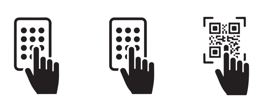 Access control icon set a hand presses a button on a digital keypad and a hand scans qr code.