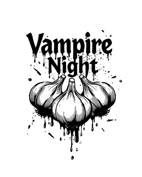 Vampire Night text with hand drawn illustration of fresh garlic bulbs in a spooky ink splash style