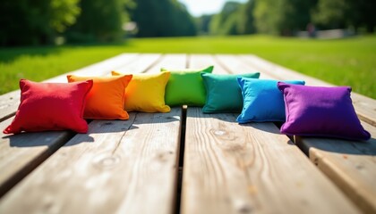 Obraz premium Several colorful cornhole bags in a row on a wooden picnic table outdoors. The bags are arranged like a rainbow on a sunny day. Ready for a game.